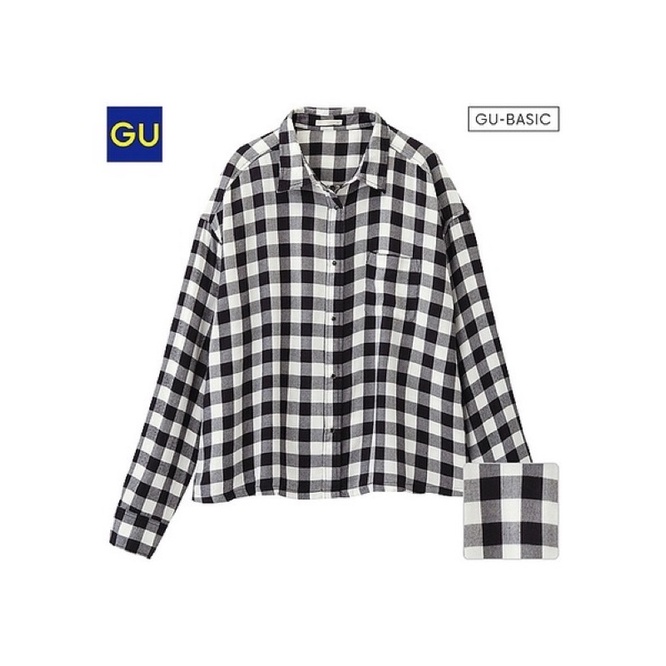 Kemeja Wanita Casual Legan Panjang Kotak Kotak GU  Crop-Kotak Hitam Crop