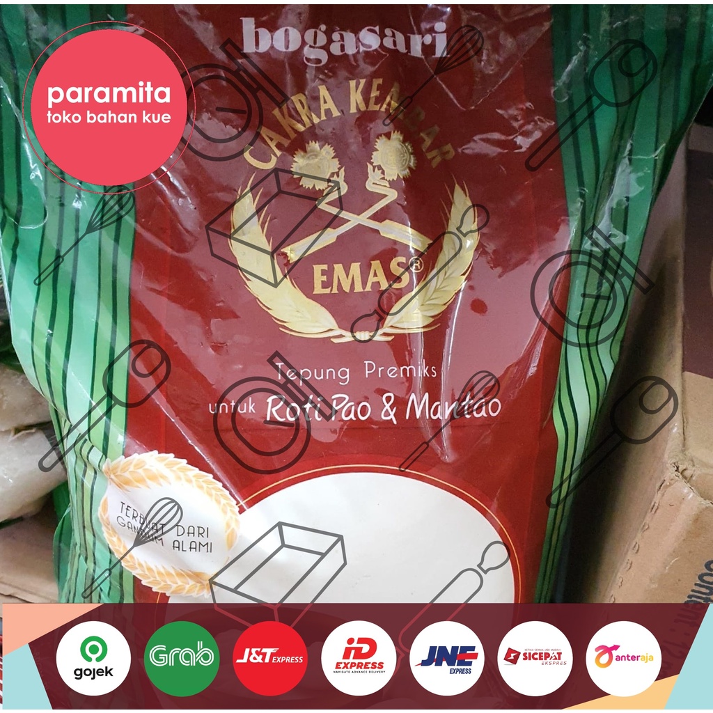 

Bogasari Tepung Terigu Repack Cakra Kembar Emas Roti Pao & Mantao 1 Kg