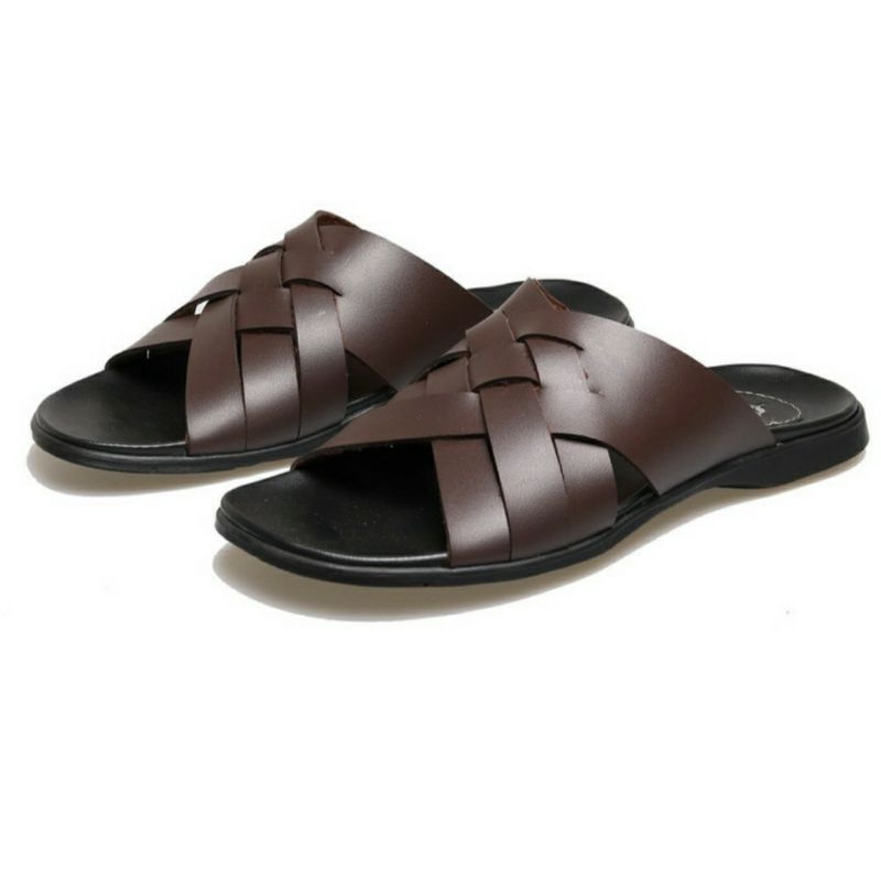 Sandal Kulit Pria MZ-1 /Slop Bapak2 Kasual / Sendal Slide Coklat, 39