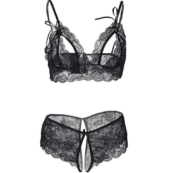 Lingerie Seksi Baju Tidur Set Bra+CD Dewasa Lingeri Transparan Wanita - Hitam