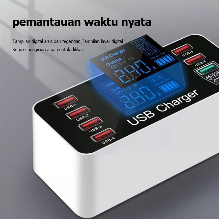 8 Port Port USB Pengisi Daya Multi-Port QC 3.0/PD Fungsi LED Pengisi Daya Cepat Hub 40W