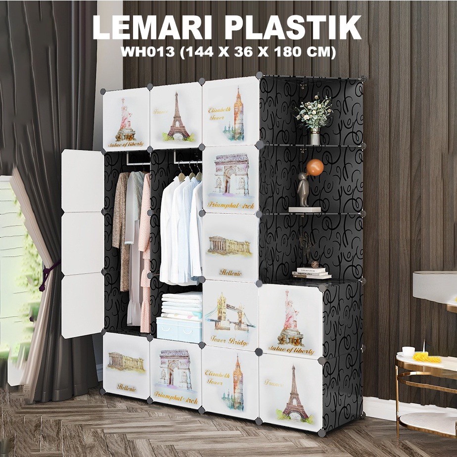 Lemari Baju Plastik Portable Lemari Baju Serbaguna 12 Pintu 4 Rak Lemari Pakaian Bongkar Pasang WHFURNITURE