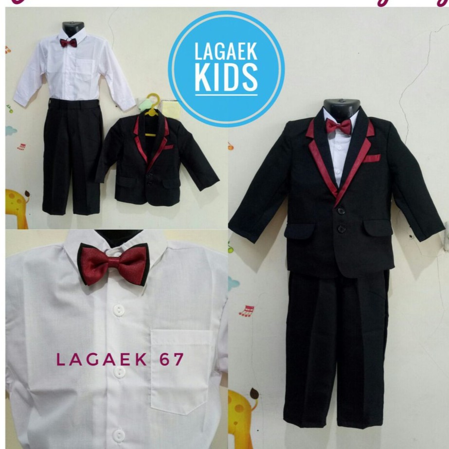 Setelan Jas Anak Laki Laki Usia 1 - 12 Tahun HITAM - Setelan Pesta Anak Cowok 4in1 Jas List Merah Tuxedo Lengkap Anak - Setelan Resmi Anak Cowok