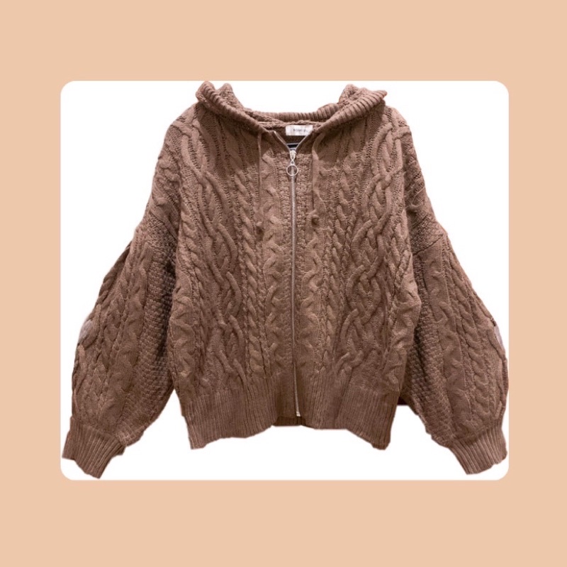 Crop Oversized Full Kepang Lengan Balon Oversize Jaket Hoodie Cardigan Earth Tone Coklat Rajut Knit 