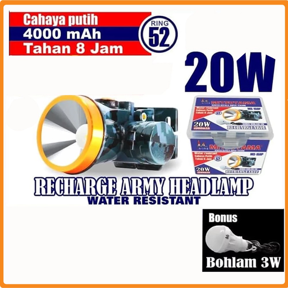 Senter Kepala Rechargerable ARMY MITSUYAMA MS-159 P Super Terang Bonus Lampu Bohlam
