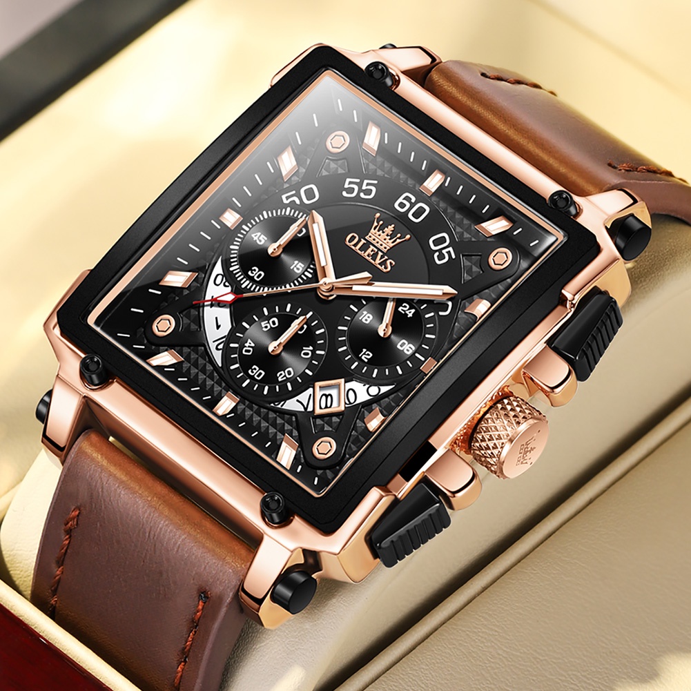 【COD】OLEVS Jam Tangan Pria Original Anti Air Kulit Tahan Keren Led Hitam Coklat Square Chronograph Watch Men Leather With Date