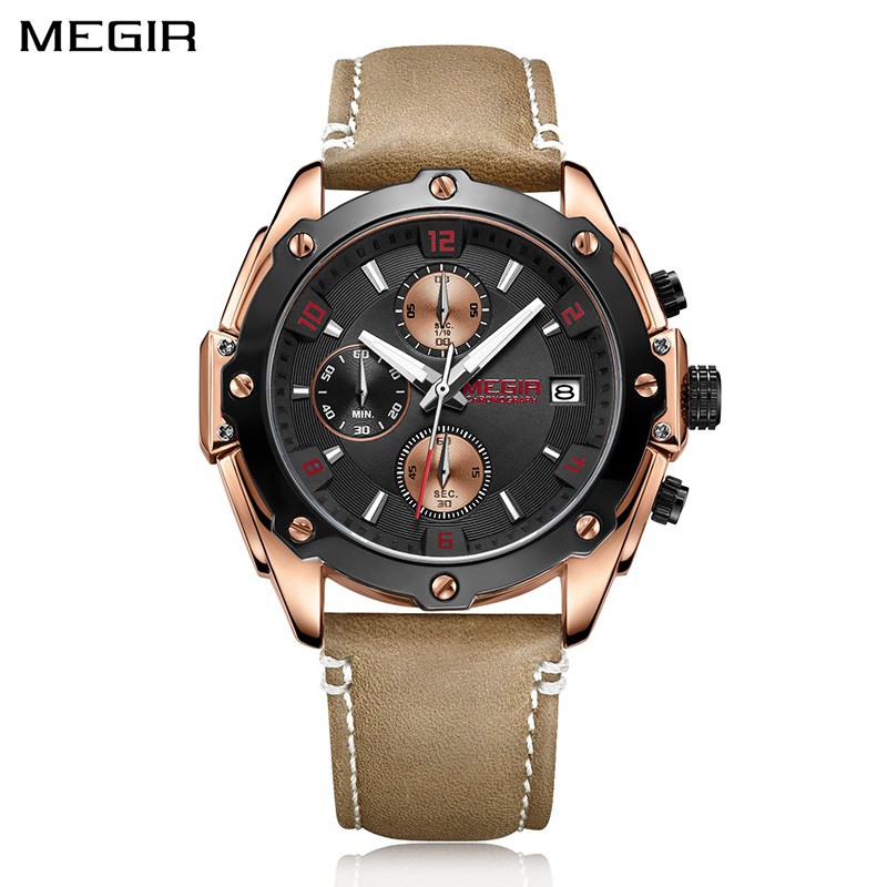 MEGIR 2074 Jam Tangan Pria Analog Chronograph Tali Kulit WATCHKITE WKOS