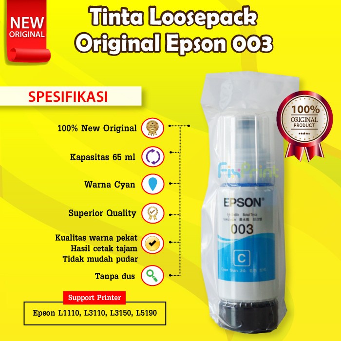 Epson 003 Black C13T00V199 Tinta Cartridge Printer L1110 L3110 L3150 - No Box CYAN Limited