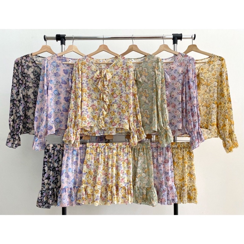 Pleated Sleeves Flower Set Top & Skirt setelan baju celana crop set baju korea set baju bangkok baju