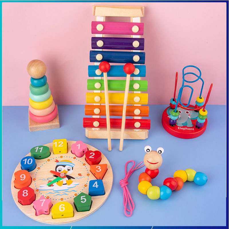 [HOT SALE] Mainan Edukasi Anak Basic Shape Kayu Balok Geo Geometri 3D Montessori Sensory Xylophone Jam Angka