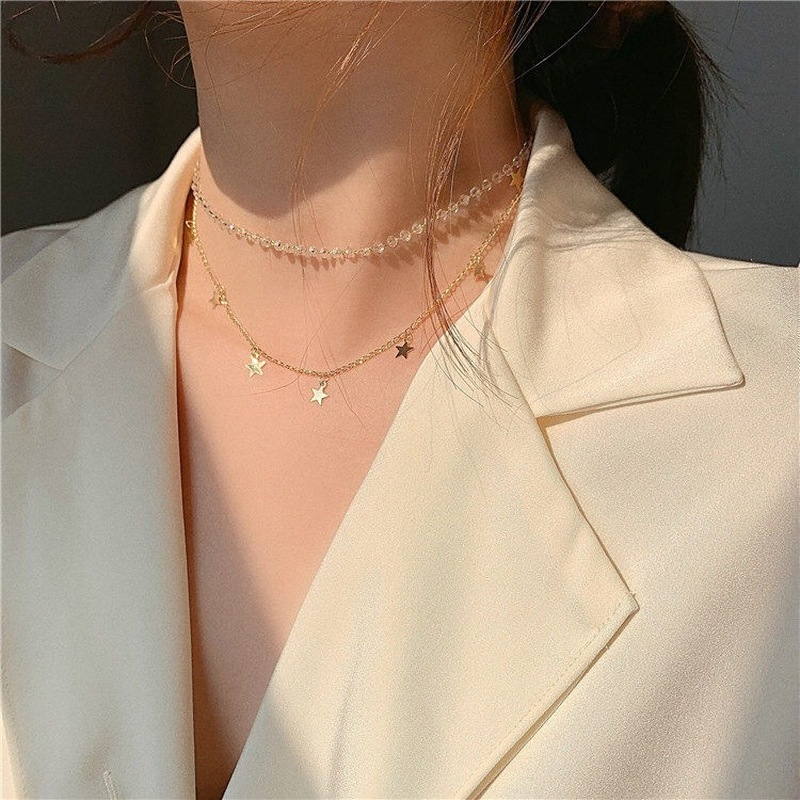 Luxurious Double Star Pendant Clavicle Chain Crystal Necklace Short Neck Lace Jewelry Korean Style Babysbreath