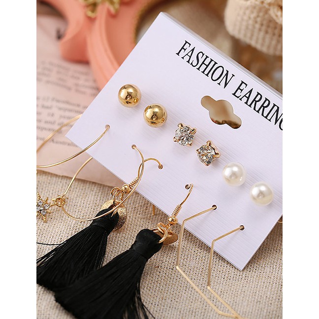 LRC Anting Set Fashion Color Mixing Geometric Star And Moon Tassel Set With Diamond Pearl Earrings