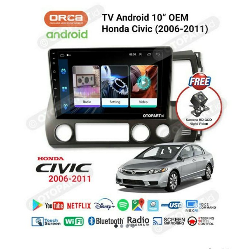 Head unit oem civic - tv android honda civic orca - tv android orca adr1088 10 inch