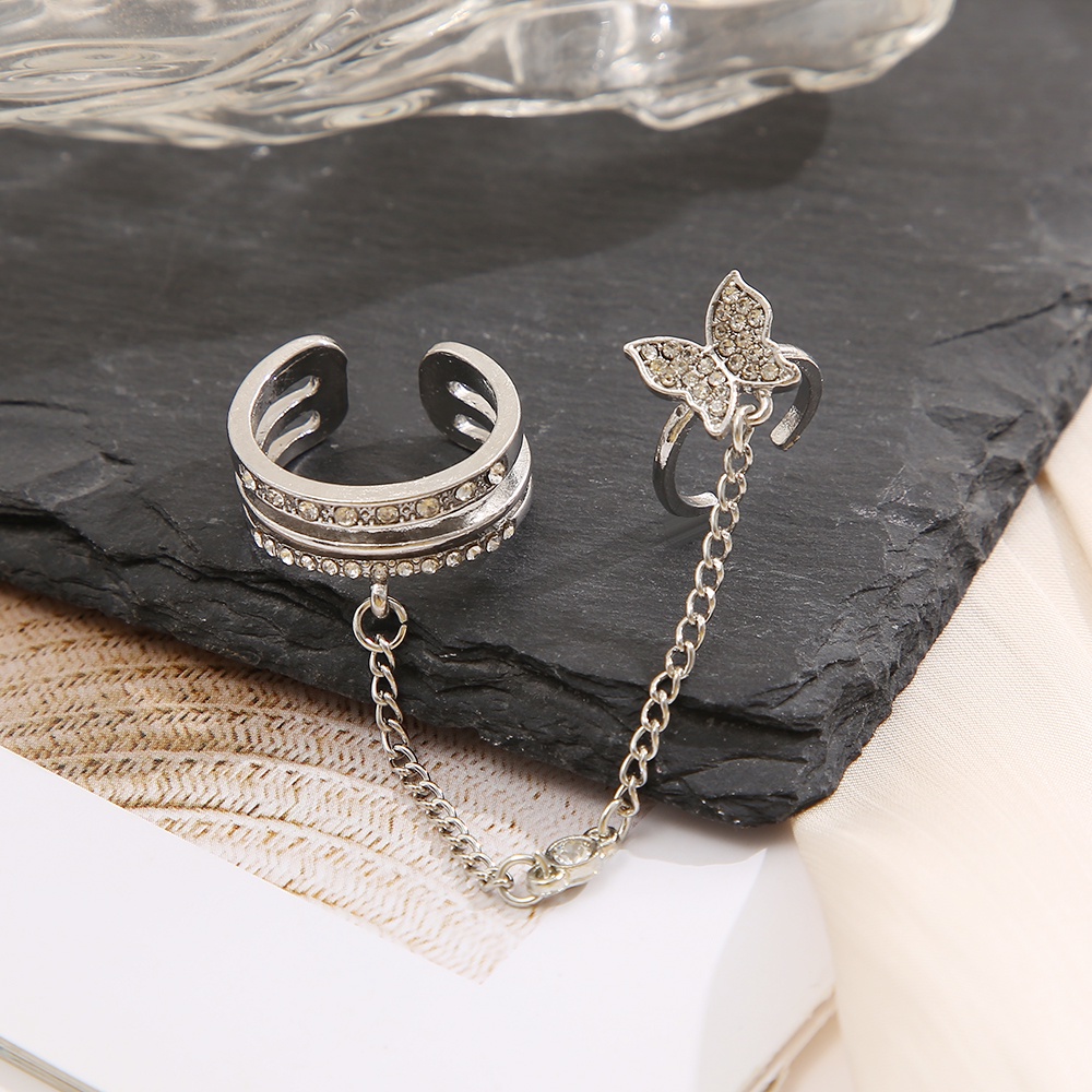 IFYOU Anting Klip Desain Rantai Butterfly Aksen Kristal Warna Silver Untuk Wanita