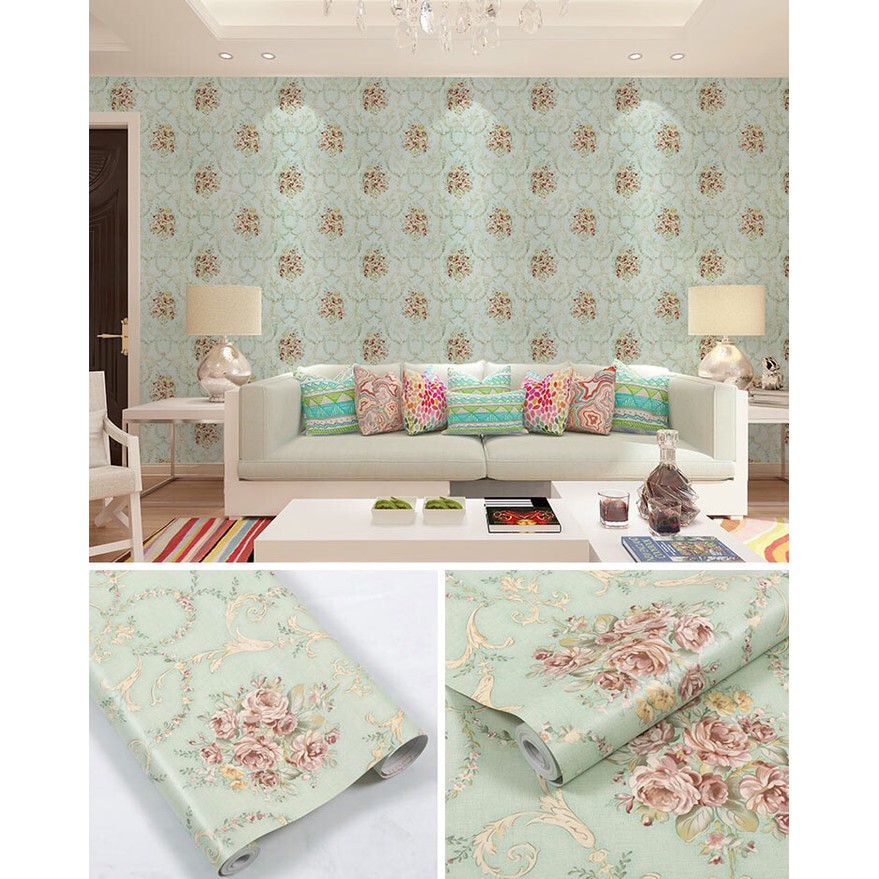 Wallpaper Dinding Motif Batik Shabby dasar Tosca