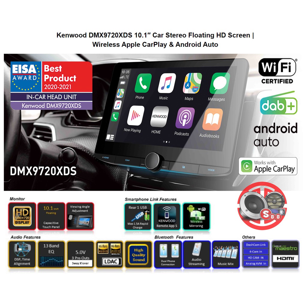 Kenwood DMX9720XDS Digital Double Din Floating HD 10.1 inch Hi-Res Audio Android Auto Apple Carplay