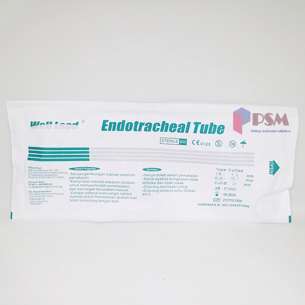 Well Lead Endotracheal Tube With Cuff / ETT King Cuffed dengan Balon