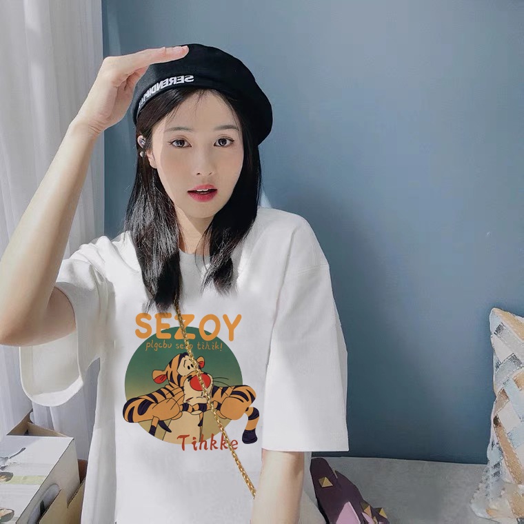 EUNII T-shirt Lengan Pendek Cetakan Kartun Harimau Longgar Korean Style/Kaos Atasan Wanita/Baju Kaus Oversize Wanita