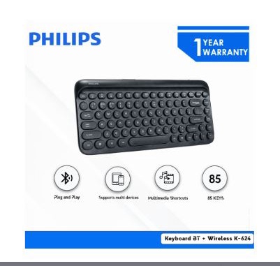 Keyboard philips bluetooth wireless 2.4ghz membrane 85 keys tkl multimedia for office gaming pc laptop phone tablet k-624 k624