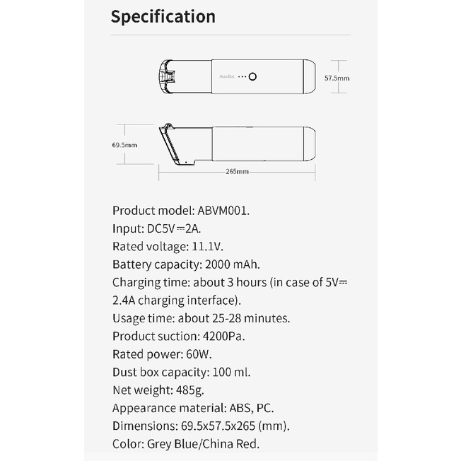 AUTOBOT Vmini - Portable Cordless Rechargeable Handheld Vacuum Cleaner