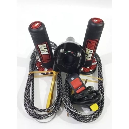 Paket gas spontan domino+2 kabel gas serat karbon 190cm+grip protaper+saklar engine+L gas gold,bisa untuk semua jenis motor