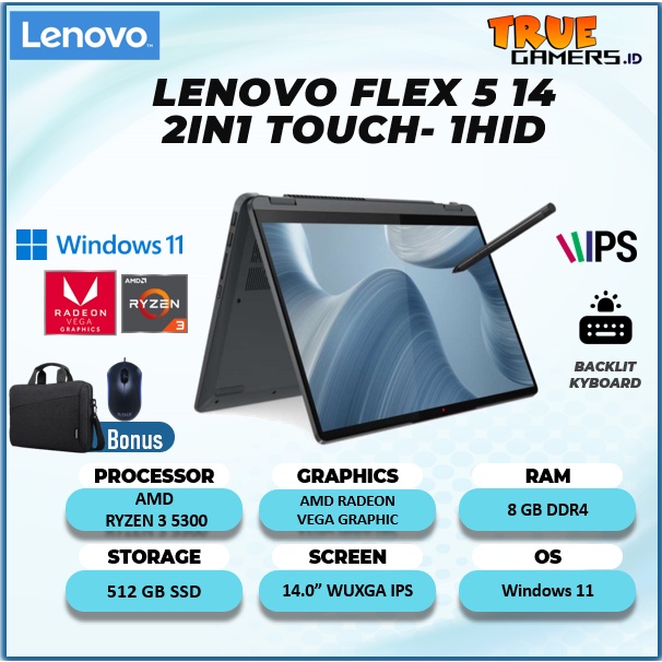 LENOVO FLEX 5 14 2IN1 TOUCH RYZEN 3 5300 8GB 512SSD VEGA W11+OHS 14.0WUXGA IPS BLIT PEN GARANSI  2YR PREM+2ADP