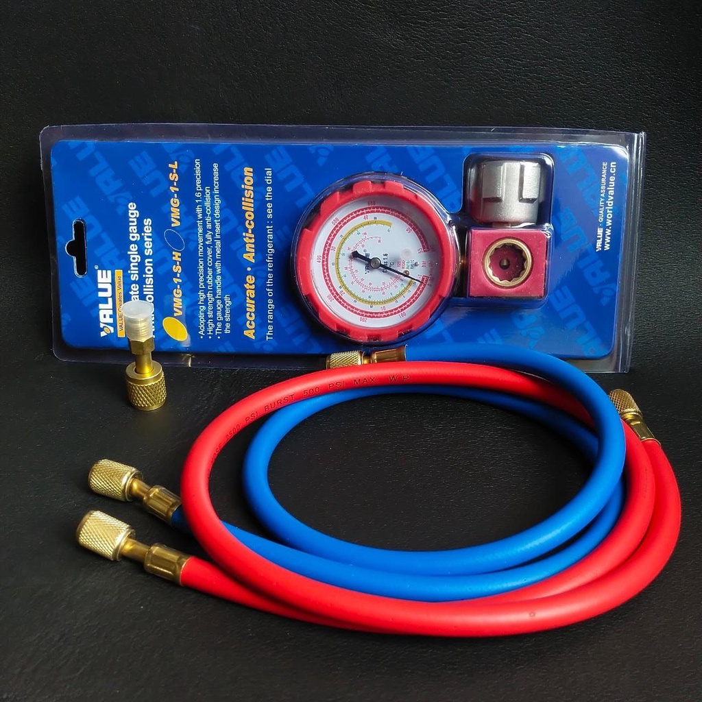 Manifold Ac single value R410 R32 R22 R134 plus selang R22 dan conector R410 TESTING METER alat isi (800PSI)