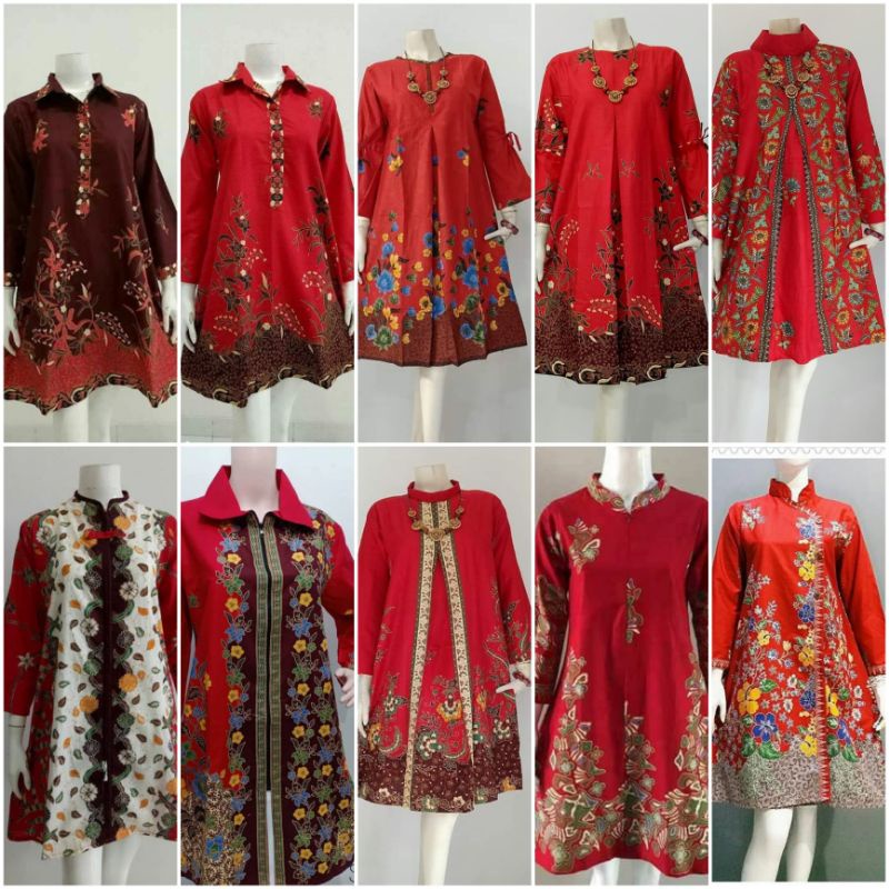 TUNIK BATIK warna merah ungguljaya Allsize Ld 105 Jumbo Ld 120cm / Dress natal