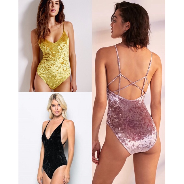 UO Cross Strap Plunging Velvet Bodysuit