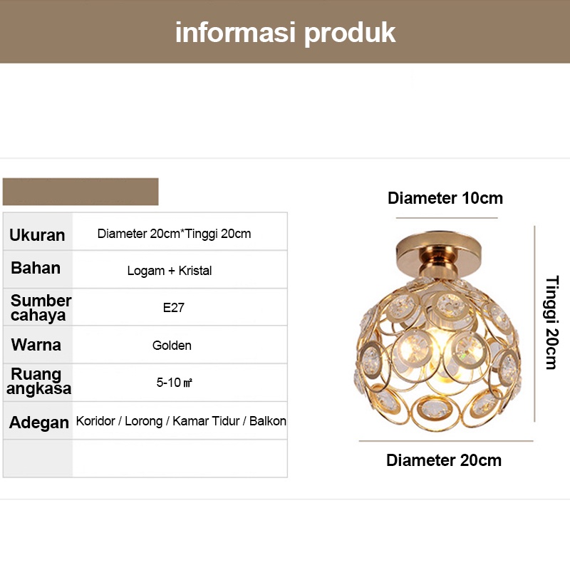 Golden LED Lampu kristal Plafon Simple Minimalis Lampu Gantung Kristal Bulat ceiling lampu