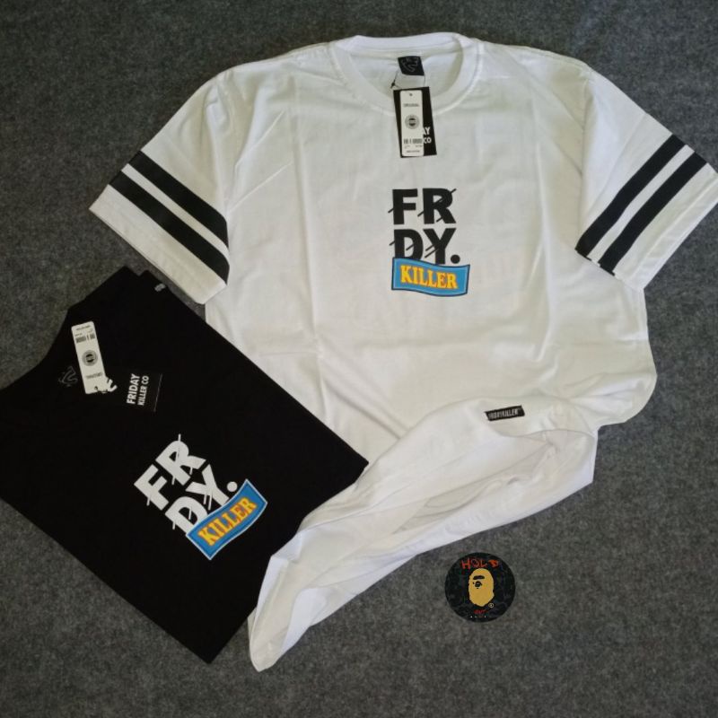 Kaos Distro FRIDAY KILLER Strip Mirror Original 1:1 Hitam & Putih Lengan Pendek Pria wanita - Tshirt