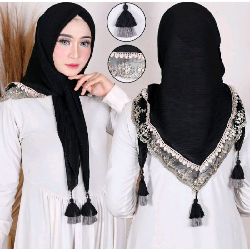 jilbab segiempat plisket renda tassel pompom lonceng