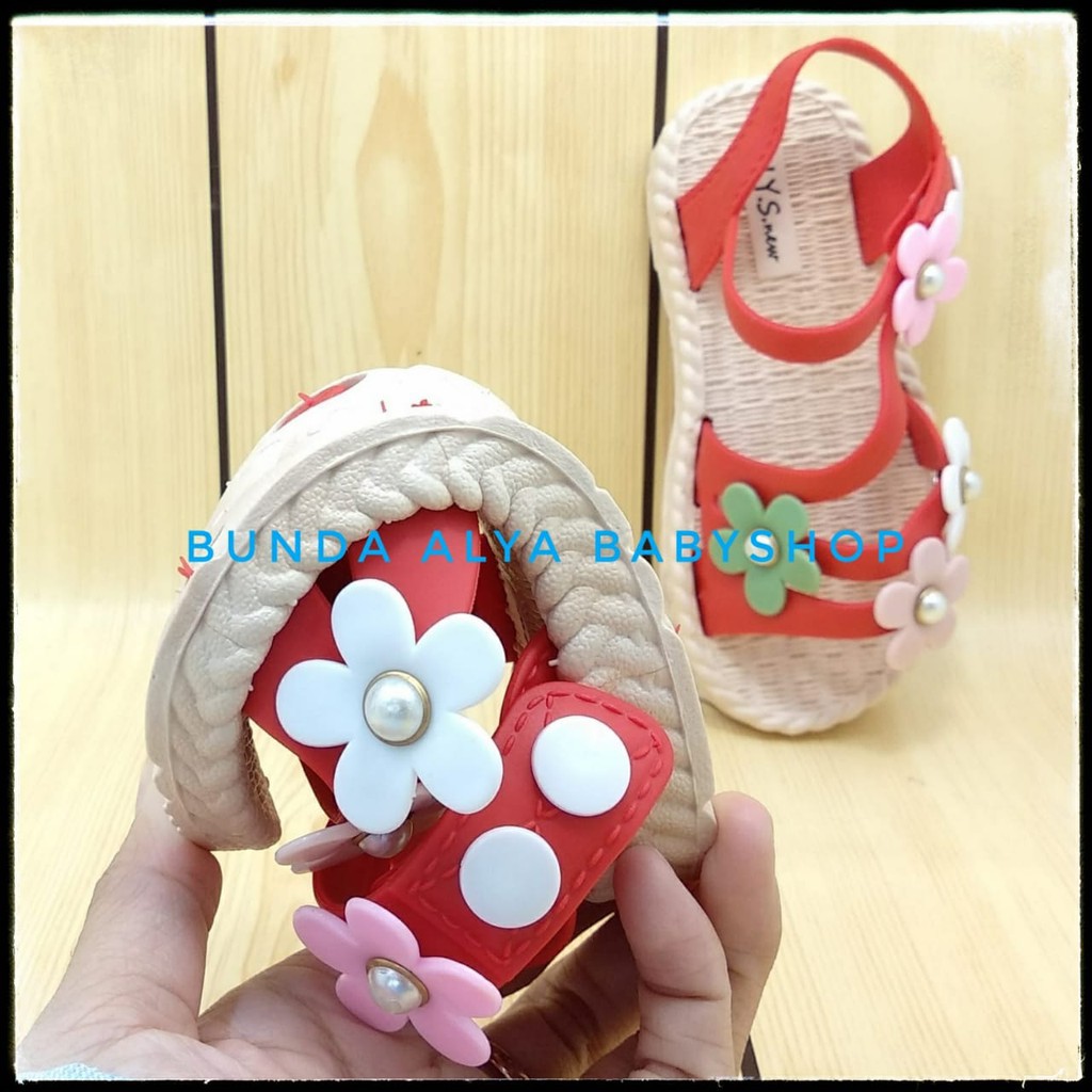 Sendal Anak Perempuan IMPORT Usia 4 5 6 Tahun MERAH - Sepatu Sandal Anak Cewek Tali Bunga Elastis Alas Karet Anti Licin