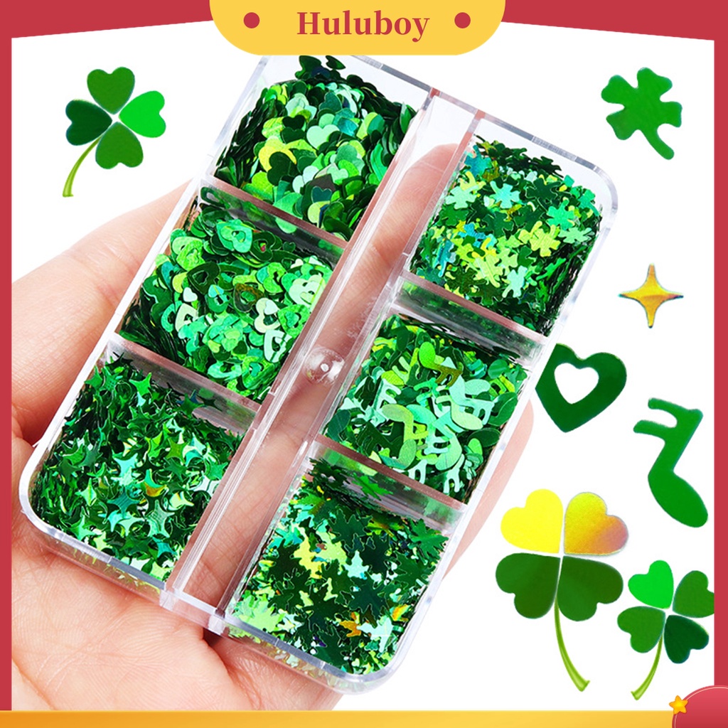 Huluboy Huluboy♡ 6 Grid / Kotak Payet Kuku Bentuk Clover Warna Hijau Untuk Dekorasi Nail Art