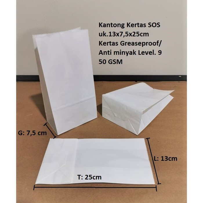 

Paperbag SOS Kantong Kertas Putih 13x7,5x25 (L) 50GSM Anti Minyak Kantong Kertas Polos / Makanan