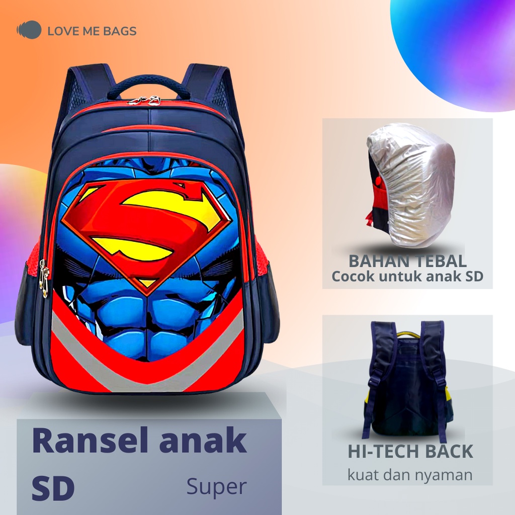 LMB Tas Anak Sekolah SD laki laki Import Gambar Timbul 6D ukuran besar dan luas karakter Superhero Viral Bahan Nilon Premium Tebal