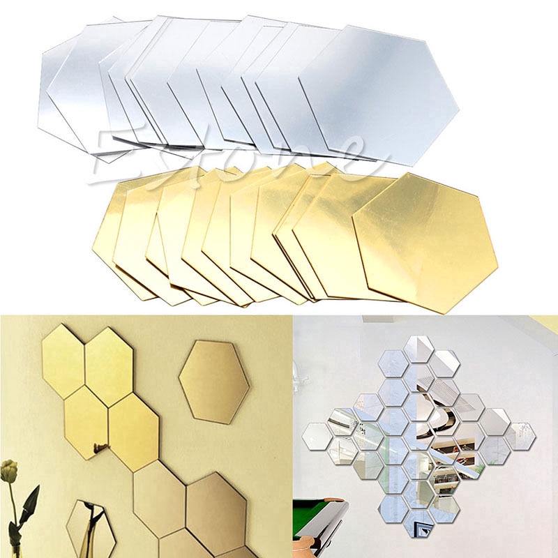 12pcs Stiker Dinding 3D Bentuk Hexagon Bahan Vinyl Warna Emas Silver Untuk Dekorasi Ruang Tamu