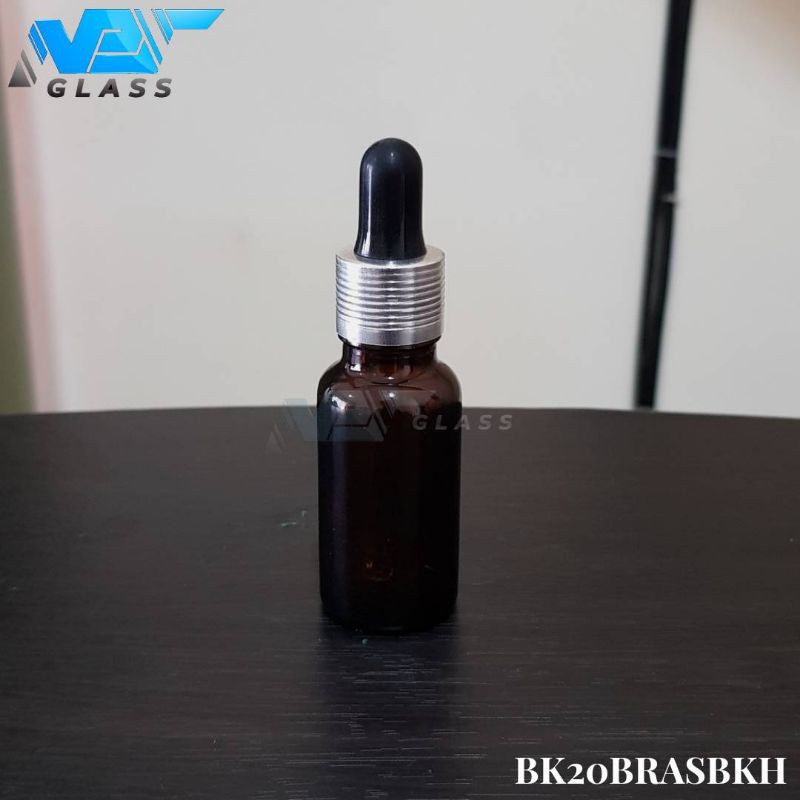 botol kaca pipet 20ml coklat / amber tebal - ring almunium silver bergaris