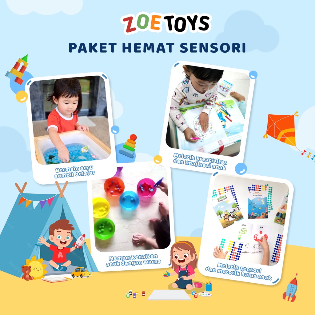 Zoetoys Paket Hemat Sensori | Coloring Bag Meronce Manik Sorting Color Pompom Tweezer Balloon | Sensory Toys | Mainan Edukasi Anak