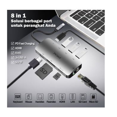 Type-c to Hdtv Lan rj45 Tf sd card PD usb-A 3.0 hub converter px 8in1 100w 5Gbps 4k UHD gigabit for laptop macbook phone uch-18 uch18
