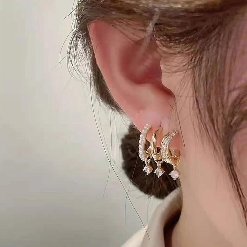 Anting Stud Zircon Mutiara Berlian Imitasi Multilayer Gaya Korea Untuk Wanita