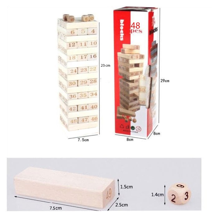 48 PCS BLOCK-WISS TOYS BESAR 23 CM UNO STACKO KAYU 48 BALOK TINGGI 23CM + DADU 4PCS JENGA WISS TOYS