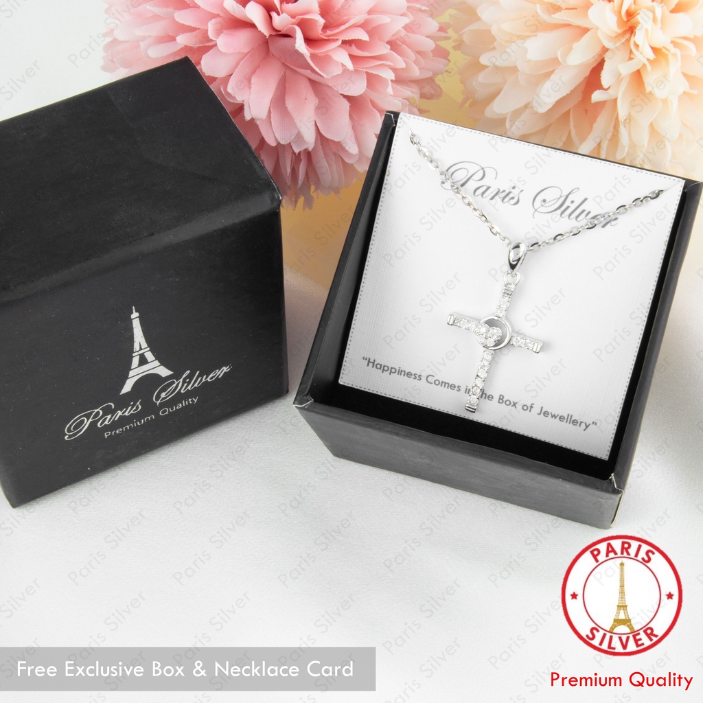 Kalung Salib Perak Asli Silver 925 Lapis Emas Putih Liontin Salip Wanita Permata