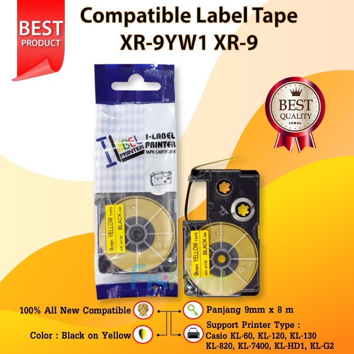 

Label Tape Casette XR-9YW1 XR-9 Black on Yellow 9mm Printer Casio KL-60 KL-120 KL-820 KL-7400