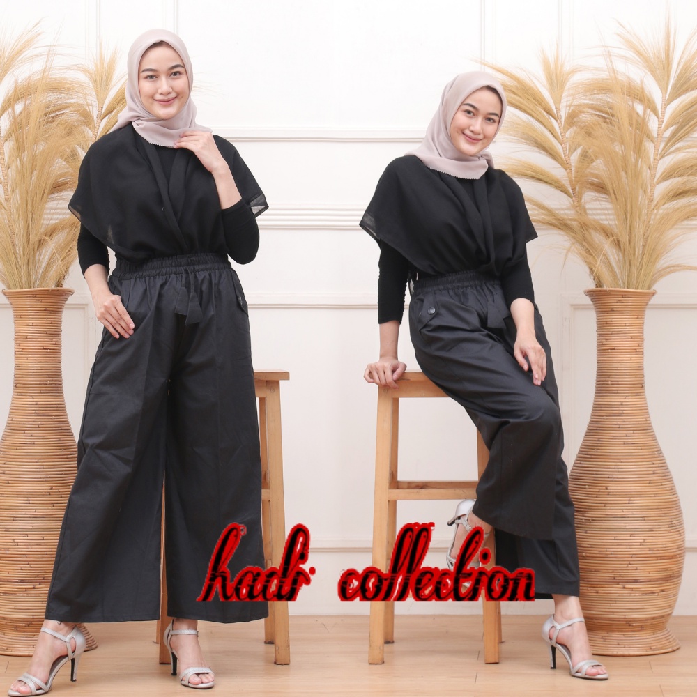 Celana Kulot Linen Rami Highwaist Pinggang Karet Wide Leg Cullote