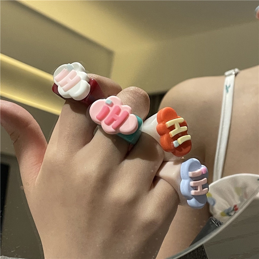 Needway  Sweet Resin Finger Rings Vintage Cloud Thumb Ring Punk Korean Geometric Personality Hi Letter For Women Fashion Jewelry/Multicolor