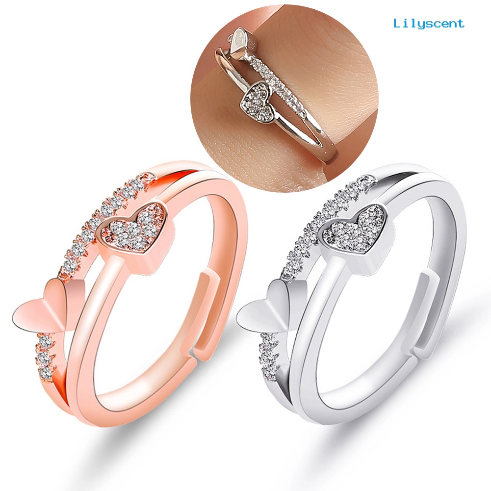 Cincin Model Terbuka Desain Hati Ganda Aksen Berlian Imitasi Untuk Wanita