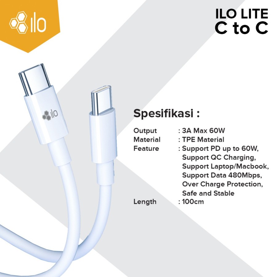 Hippo ILO Lite Kabel Data Charger TYPE C to TYPE C 100CM 60W 3A Original Casan Cable Tipe C Ori