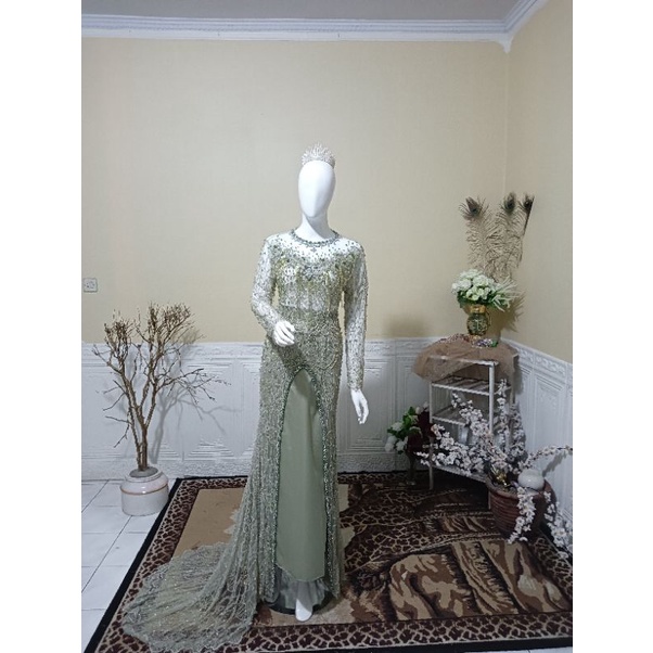kebaya pengantin bahan cantili sage