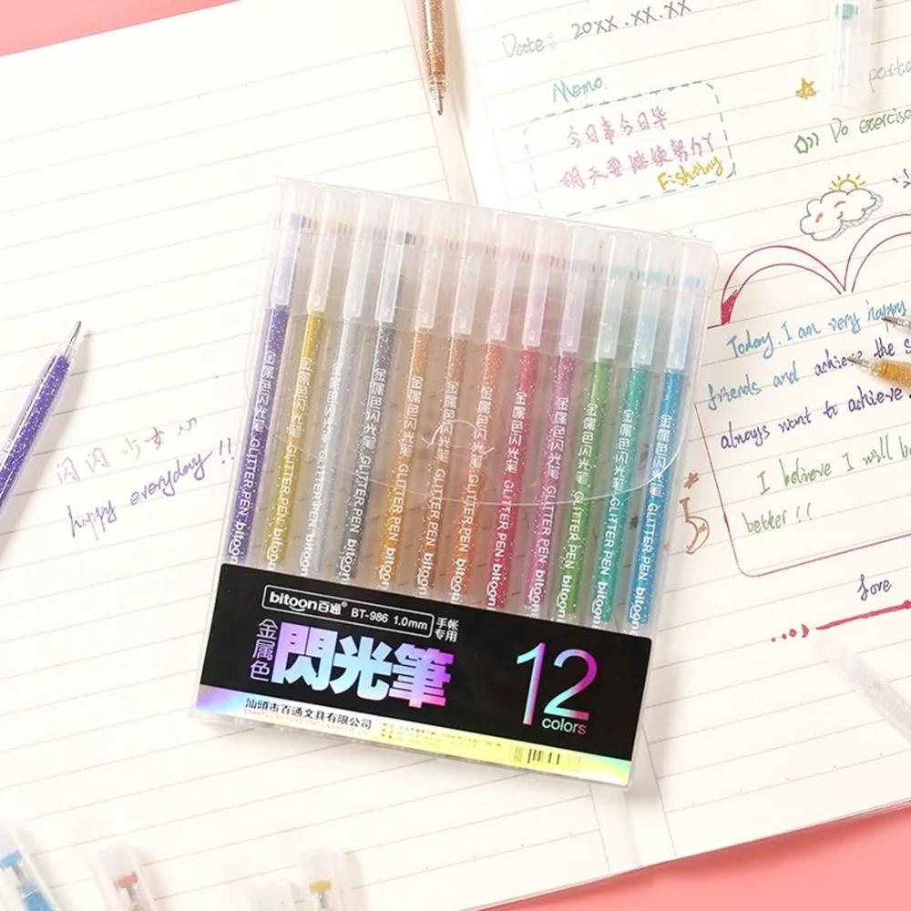 Timekey 12pcs / set Pen Gel Highlighter Glitter Multi Warna Untuk Stationery Sekolah / Kantor / Scrapbook DIY D9X6